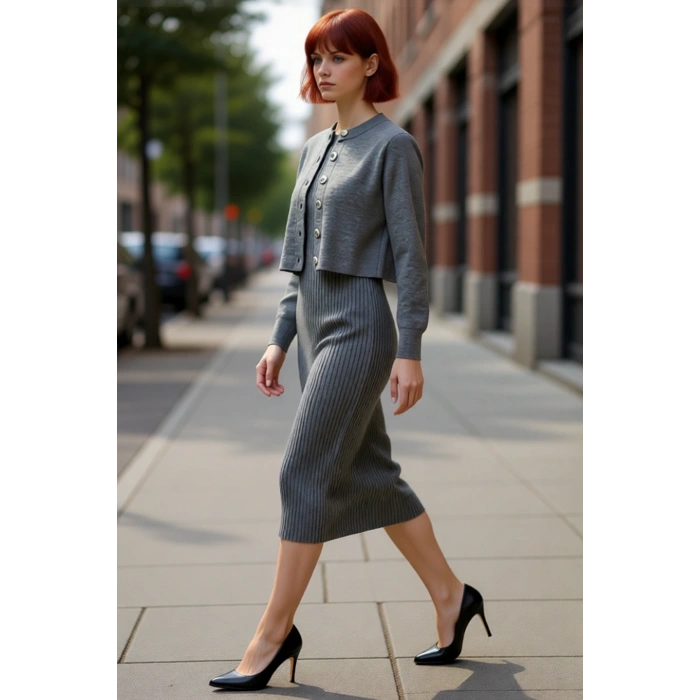 Kadın Şık Akrilik Bisiklet Yaka Uzun Kol Bodycon Midi Triko Elbise Hırka Seti Günlük Kaliteli