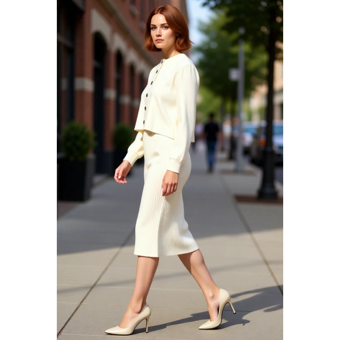 Kadın Şık Akrilik Bisiklet Yaka Uzun Kol Bodycon Midi Triko Elbise Hırka Seti Günlük Kaliteli