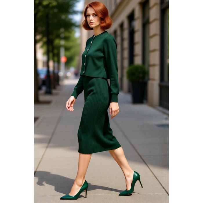 Kadın Şık Akrilik Bisiklet Yaka Uzun Kol Bodycon Midi Triko Elbise Hırka Seti Günlük Kaliteli