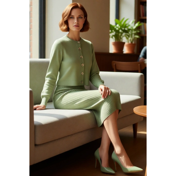 Kadın Şık Akrilik Bisiklet Yaka Uzun Kol Bodycon Midi Triko Elbise Hırka Seti Günlük Kaliteli