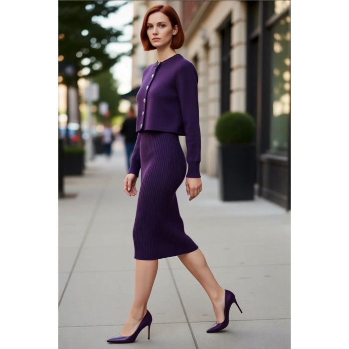 Kadın Şık Akrilik Bisiklet Yaka Uzun Kol Bodycon Midi Triko Elbise Hırka Seti Günlük Kaliteli