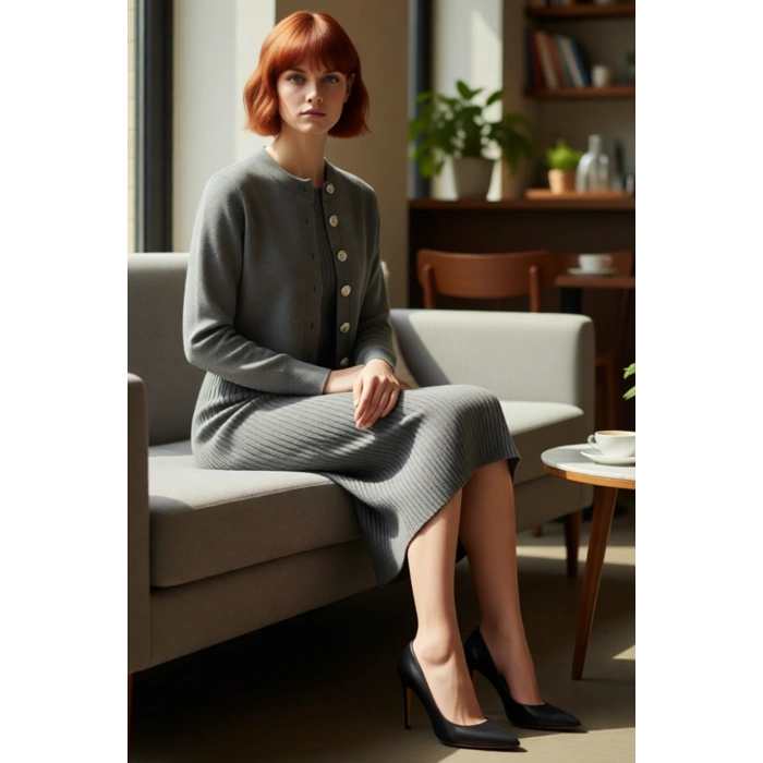 Kadın Şık Akrilik Bisiklet Yaka Uzun Kol Bodycon Midi Triko Elbise Hırka Seti Günlük Kaliteli