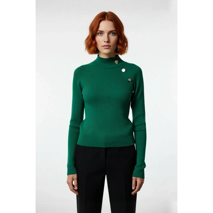 Kadın Şık Akrilik Fitted Kesim Dik Yaka Düz Desen Uzun Kol Triko Kazak Ofis ve Günlük Kullanım