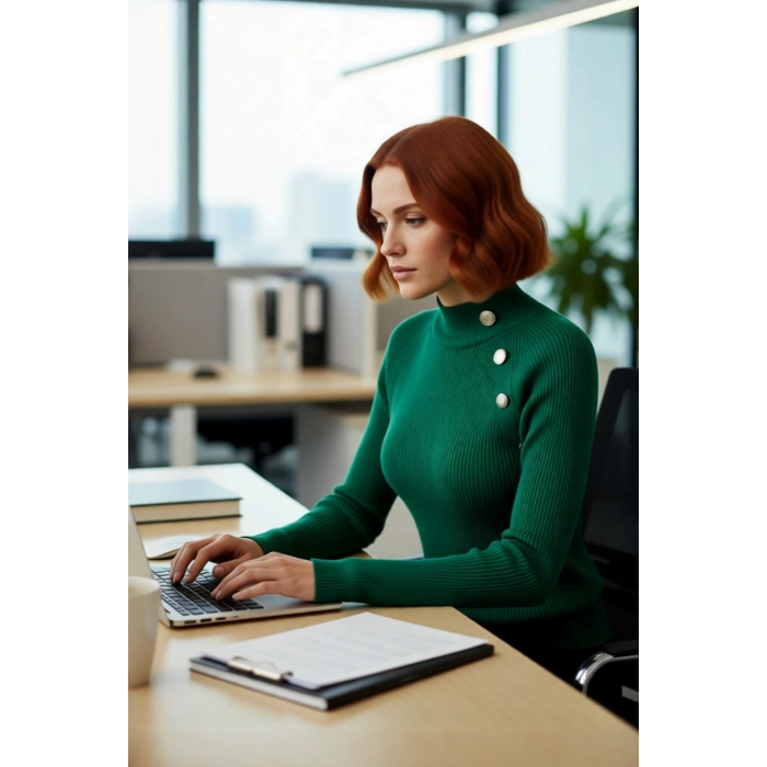 Kadın Şık Akrilik Fitted Kesim Dik Yaka Düz Desen Uzun Kol Triko Kazak Ofis ve Günlük Kullanım