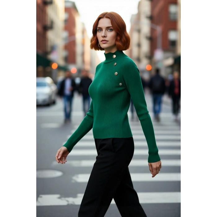 Kadın Şık Akrilik Fitted Kesim Dik Yaka Düz Desen Uzun Kol Triko Kazak Ofis ve Günlük Kullanım