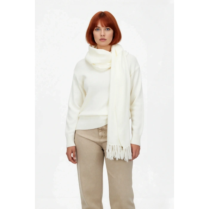 Kadın Şık Akrilik Triko Kazak Regular Kalıp Bisiklet Yaka Düşük Kol Şal Detaylı Kışlık Konfor