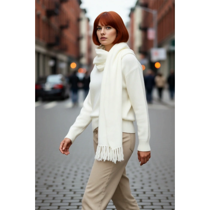 Kadın Şık Akrilik Triko Kazak Regular Kalıp Bisiklet Yaka Düşük Kol Şal Detaylı Kışlık Konfor