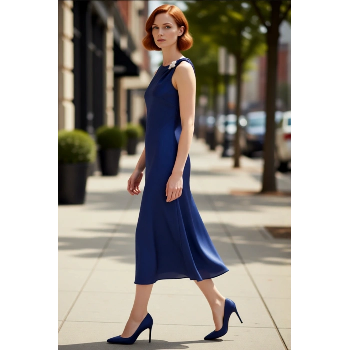 Kadın Şık Asimetrik Yaka Kolsuz A Kesim Polyester Maxi Elbise Zarif Saten Dokusuyla Özel Günler