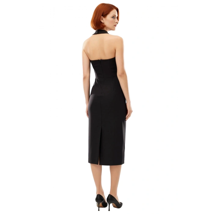Kadın Şık Askılı Straplez Bodycon Midi Elbise Agraflı Detaylarıyla Gece Davetleri İçin Kaliteli