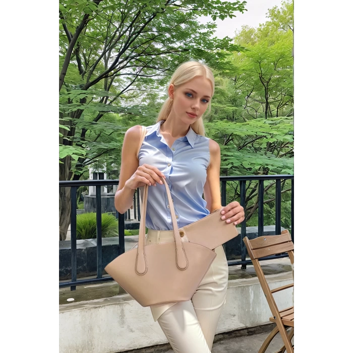 Kadın Şık Bej Suni Deri Shopper Çanta Günlük Ve İş Kullanımı İçin Özenle Seçilmiş Mükemmel Uyum