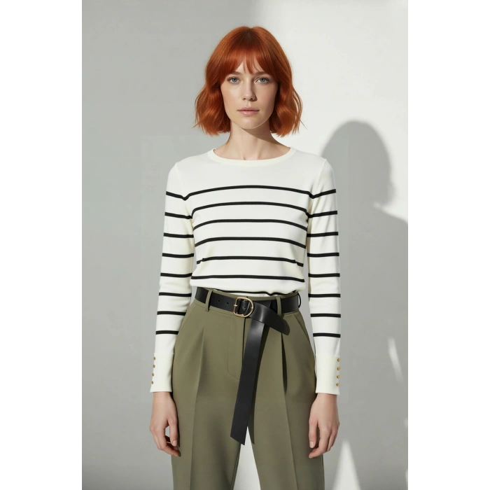 Kadın Şık Bisiklet Yaka Ekru Çizgili İnce Fitted Triko Kazak İlkbahar Sonbahar Günlük Kullanım