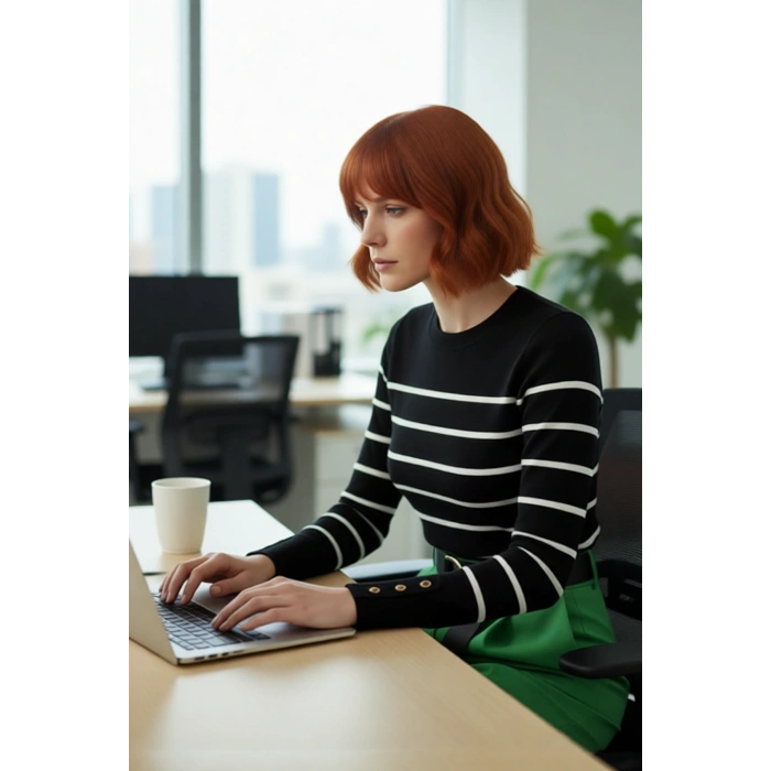 Kadın Şık Bisiklet Yaka Ekru Çizgili İnce Fitted Triko Kazak İlkbahar Sonbahar Günlük Kullanım