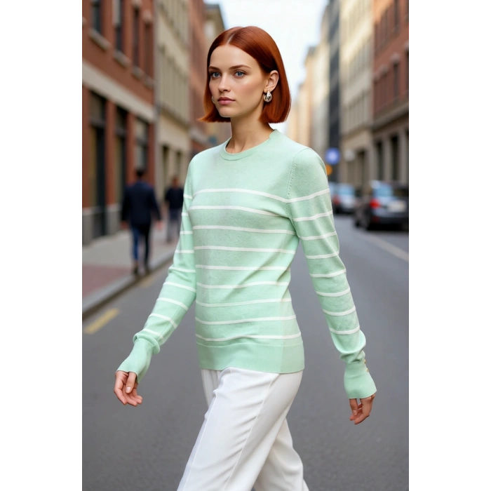 Kadın Şık Bisiklet Yaka Ekru Çizgili İnce Fitted Triko Kazak İlkbahar Sonbahar Günlük Kullanım