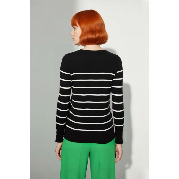 Kadın Şık Bisiklet Yaka Ekru Çizgili İnce Fitted Triko Kazak İlkbahar Sonbahar Günlük Kullanım