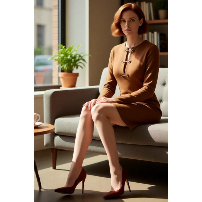 Kadın Şık Bisiklet Yaka Mini Süet Görünümlü Elbise Uzun Kollu Metal Aksesuar Detaylı Modern