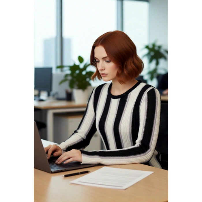 Kadın Şık Bisiklet Yaka Renk Bloklu Desenli İnce Triko Uzun Kollu Pamuk Polyester Günlük Kazak