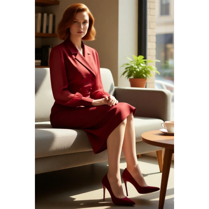 Kadın Şık Bodycon Dokuma Midi Elbise Ceket Yaka Ve Balon Kol Detayları İle Özel Günler İçin İdeal