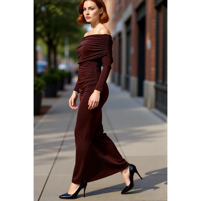 Kadın Şık Bodycon Kahverengi Uzun Kol Maxi Elbise Carmen Yaka ile Gece Davetleri İçin Kaliteli