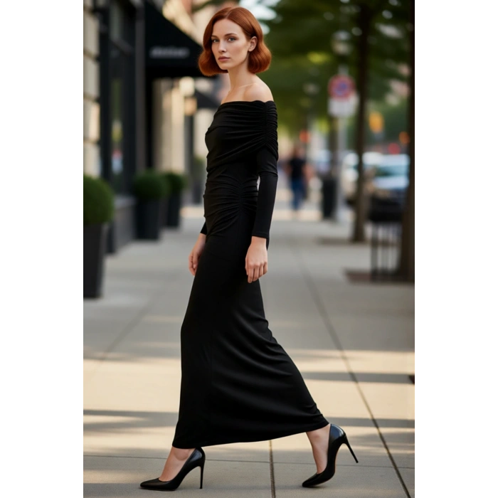 Kadın Şık Bodycon Kahverengi Uzun Kol Maxi Elbise Carmen Yaka ile Gece Davetleri İçin Kaliteli