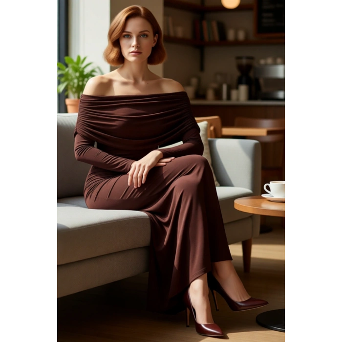 Kadın Şık Bodycon Kahverengi Uzun Kol Maxi Elbise Carmen Yaka ile Gece Davetleri İçin Kaliteli