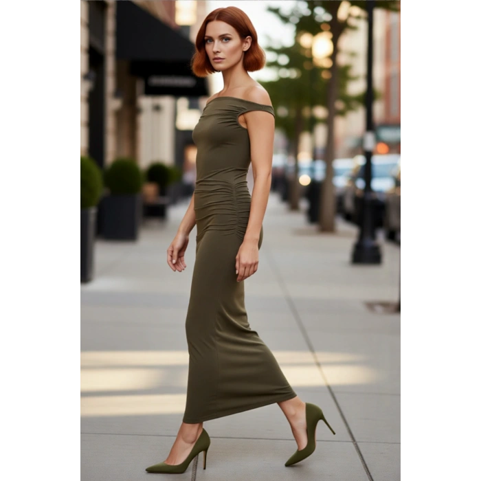 Kadın Şık Bodycon Maxi Elbise Carmen Yaka Detaylı Özel Kokteyl Davetleri İçin Modern Tarz Kaliteli