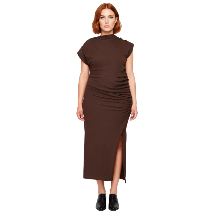 Kadın Şık Bodycon Midi Elbise Dik Yaka Kolsuz Tasarım Düz Örme İlkbahar Sonbahar Trendi Kaliteli