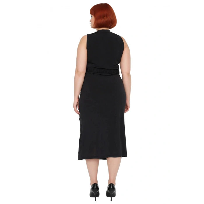 Kadın Şık Bodycon Midi Kolsuz Elbise Örme Kumaş ve Yırtmaç Detaylı Günlük Şıklık Sunar Kaliteli