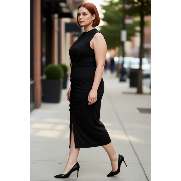 Kadın Şık Bodycon Midi Kolsuz Elbise Örme Kumaş ve Yırtmaç Detaylı Günlük Şıklık Sunar Kaliteli