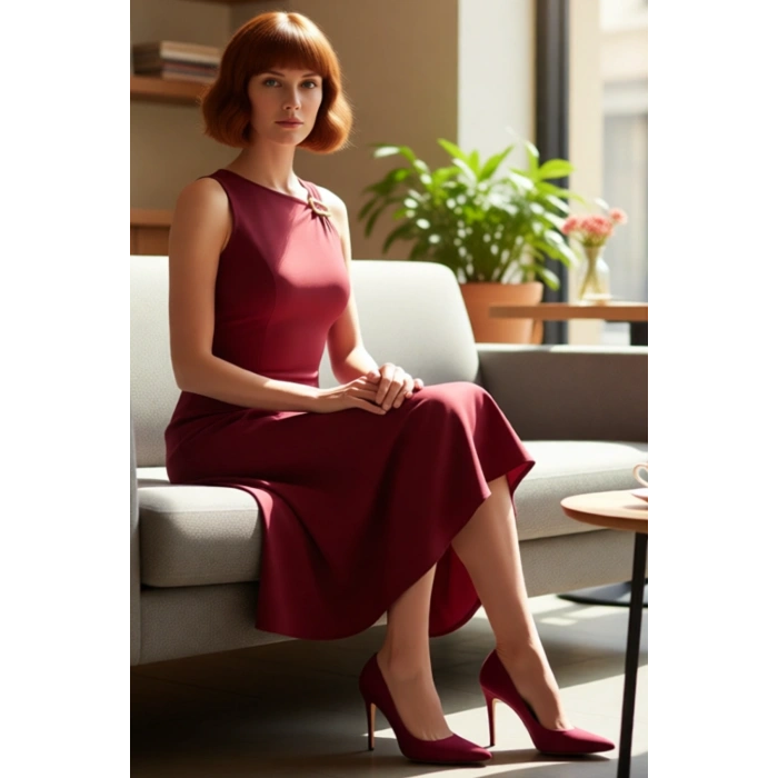 Kadın Şık Bordo Kolsuz Midi Elbise Aksesuar Detaylı Finike Dokuma Skater Tasarım Kaliteli