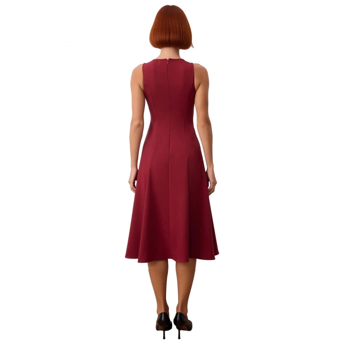 Kadın Şık Bordo Kolsuz Midi Elbise Aksesuar Detaylı Finike Dokuma Skater Tasarım Kaliteli