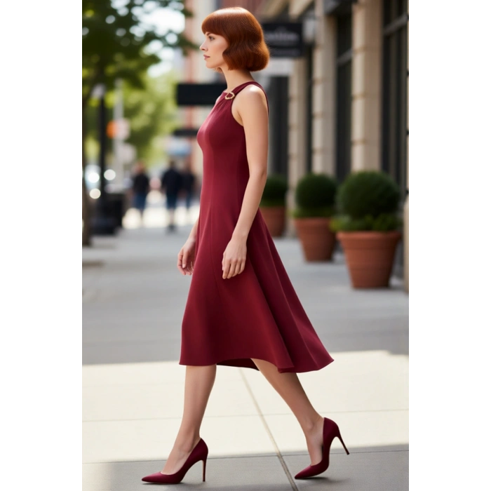Kadın Şık Bordo Kolsuz Midi Elbise Aksesuar Detaylı Finike Dokuma Skater Tasarım Kaliteli
