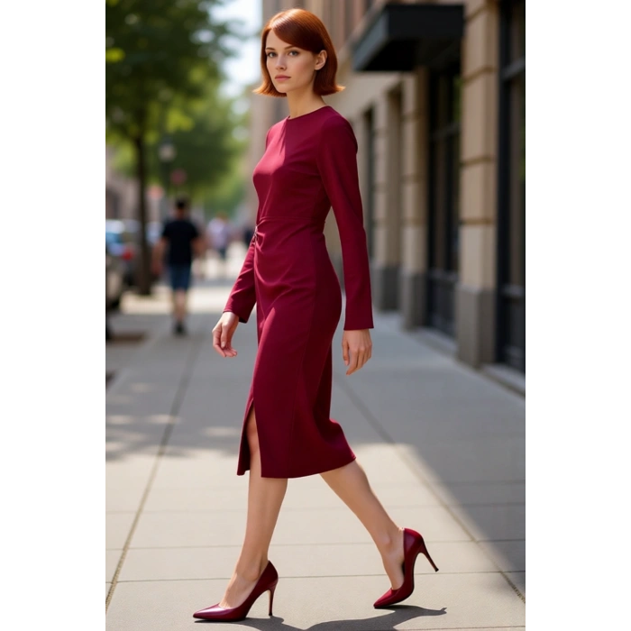 Kadın Şık Bordo Midi Elbise A Line Kesim Uzun Kollu Krep Dokuma Aksesuar Detaylı Bisiklet Yaka