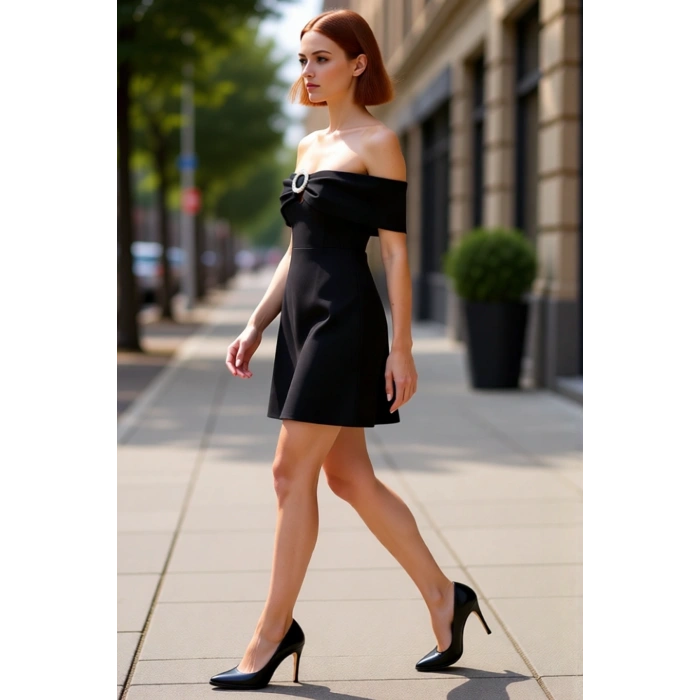 Kadın Şık Carmen Yaka Skater Elbise Taş Aksesuar Detaylı Zarif Düşük Kol Mini Boy Dokuma Kumaş