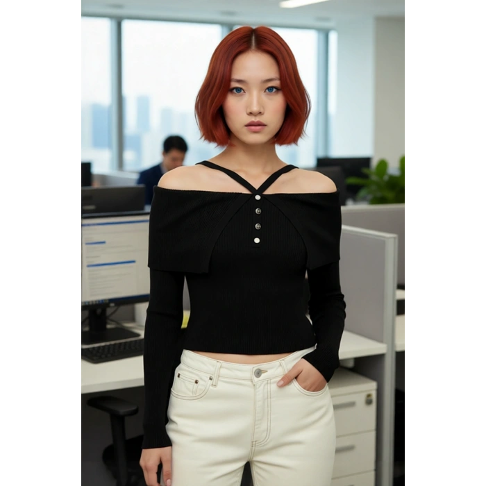 Kadın Şık Carmen Yaka Uzun Kollu Fitted Kesim Fitilli Triko Kazak İlkbahar Sonbahar Stili İçin İdeal