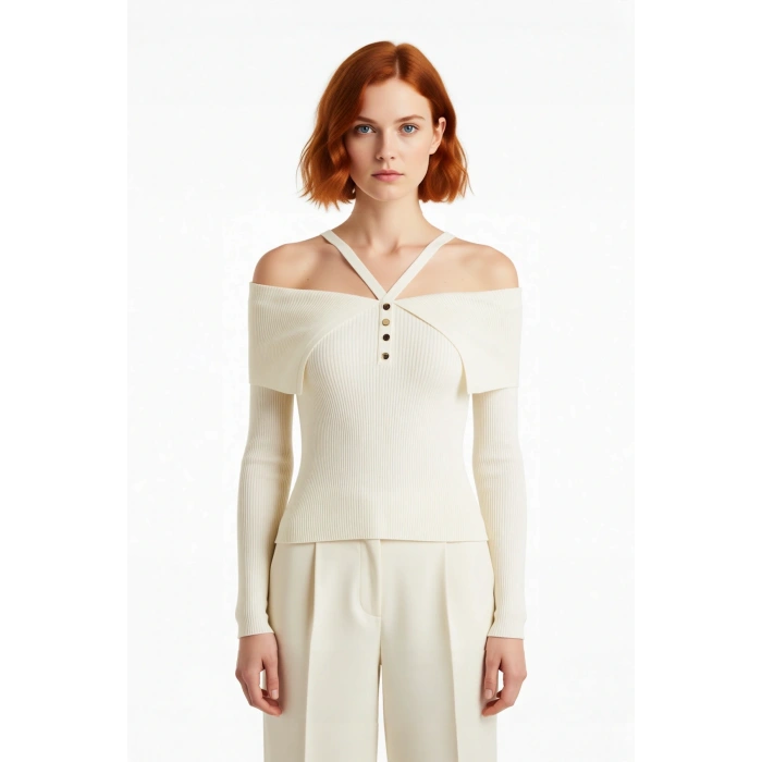 Kadın Şık Carmen Yaka Uzun Kollu Fitted Kesim Fitilli Triko Kazak İlkbahar Sonbahar Stili İçin İdeal