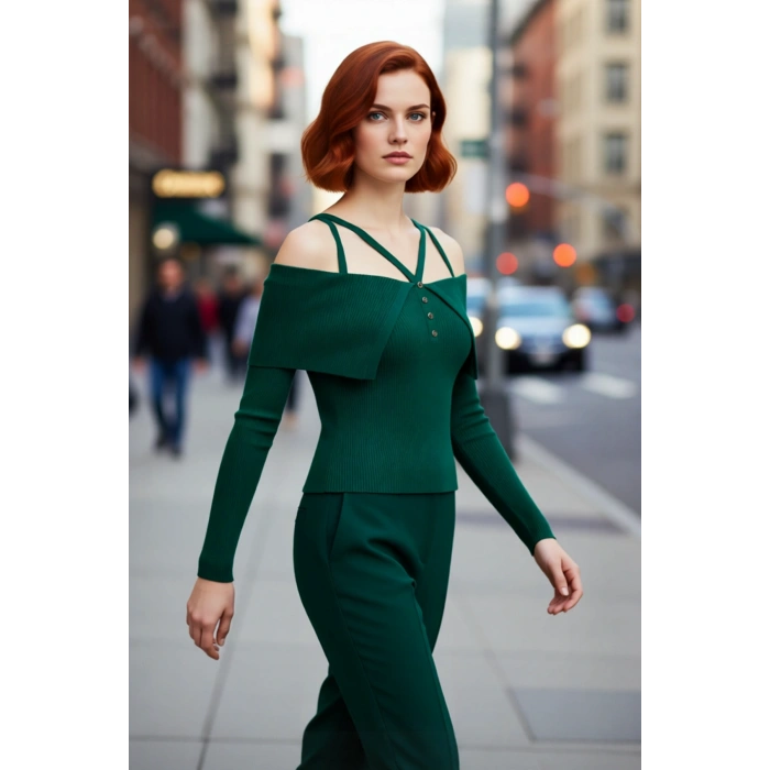 Kadın Şık Carmen Yaka Uzun Kollu Fitted Kesim Fitilli Triko Kazak İlkbahar Sonbahar Stili İçin İdeal