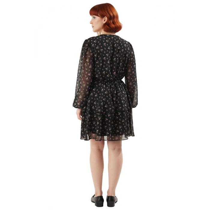 Kadın Şık Çiçekli Mini V Yaka Balon Kol Skater Kalıp Eteği Fırfırlı Dokuma Elbise Büyük Beden