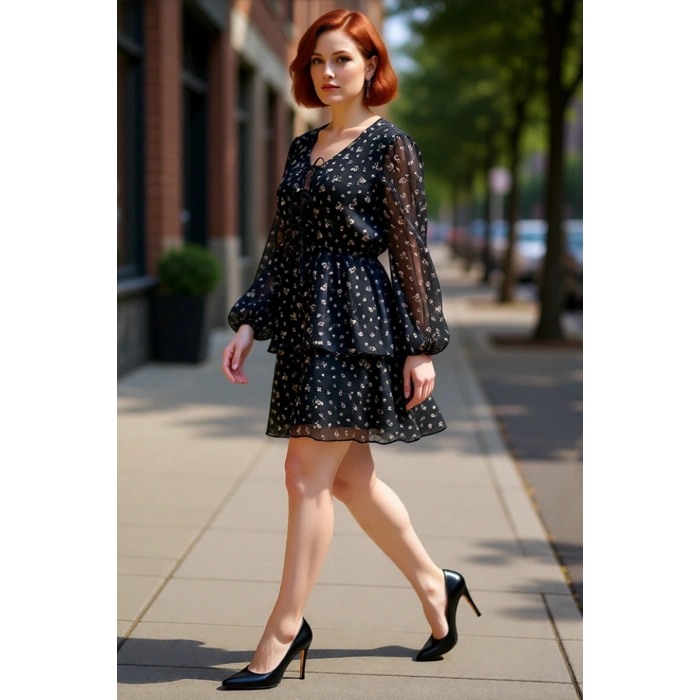 Kadın Şık Çiçekli Mini V Yaka Balon Kol Skater Kalıp Eteği Fırfırlı Dokuma Elbise Büyük Beden