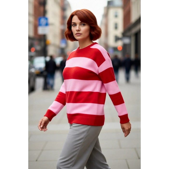 Kadın Şık Çizgili Bisiklet Yaka Triko Kazak Düşük Kol Tasarımıyla Kış Kombinlerinin Gözdesi