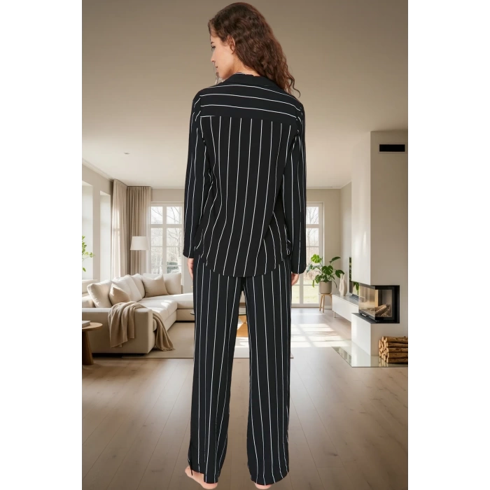 Kadın Şık Çizgili Viskon Pijama Takımı Rahat Yumuşak Çok Regular Zarif Tasarım Görünüm