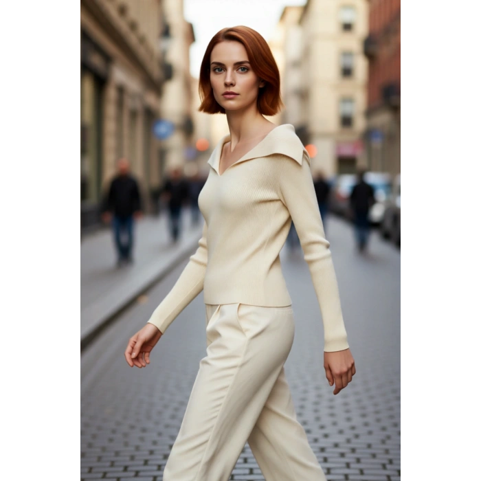 Kadın Şık Devrik Yaka Fitilli Triko Üst Fitted Kesim Uzun Kol Crop Model İlkbahar Sonbahar