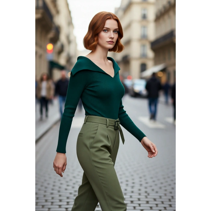 Kadın Şık Devrik Yaka Fitilli Triko Üst Fitted Kesim Uzun Kol Crop Model İlkbahar Sonbahar