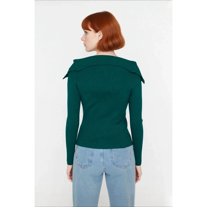 Kadın Şık Devrik Yaka Fitilli Triko Üst Fitted Kesim Uzun Kol Crop Model İlkbahar Sonbahar