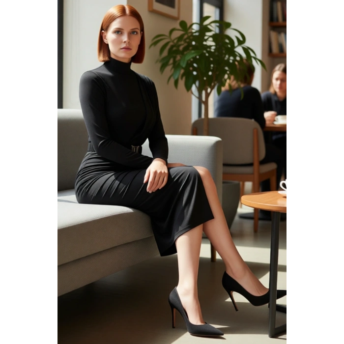 Kadın Şık Dik Yaka Kemerli Drapeli Vücuda Oturan Midi Örme Elbise Uzun Kollu Zarif Stil Kaliteli