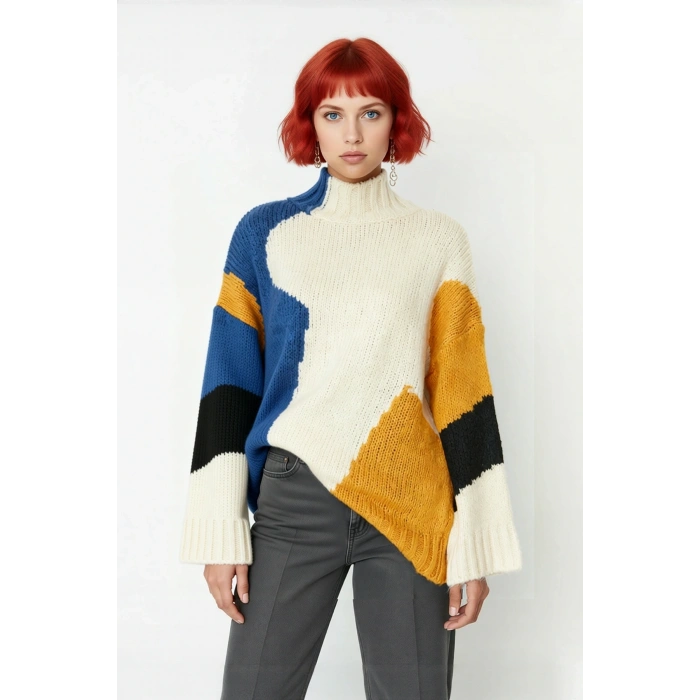 Kadın Şık Dik Yaka Oversize Renk Bloklu Düşük Kol Uzun Triko Kazak Kış Modasına Yeni Bir Soluk