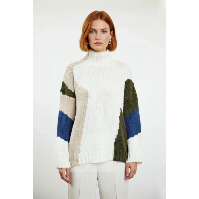 Kadın Şık Dik Yaka Oversize Renk Bloklu Düşük Kol Uzun Triko Kazak Kış Modasına Yeni Bir Soluk