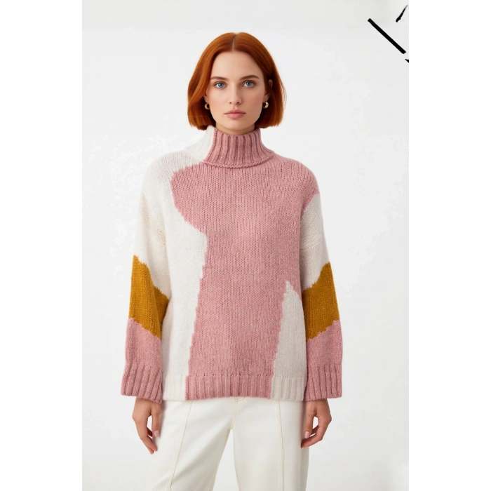 Kadın Şık Dik Yaka Oversize Renk Bloklu Düşük Kol Uzun Triko Kazak Kış Modasına Yeni Bir Soluk
