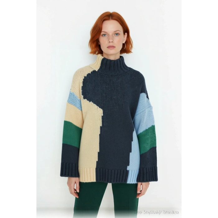 Kadın Şık Dik Yaka Oversize Renk Bloklu Düşük Kol Uzun Triko Kazak Kış Modasına Yeni Bir Soluk