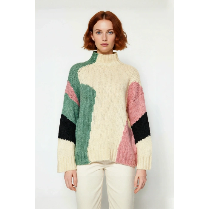 Kadın Şık Dik Yaka Oversize Renk Bloklu Düşük Kol Uzun Triko Kazak Kış Modasına Yeni Bir Soluk