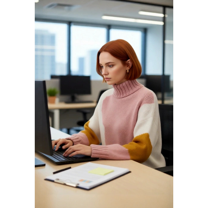 Kadın Şık Dik Yaka Oversize Renk Bloklu Düşük Kol Uzun Triko Kazak Kış Modasına Yeni Bir Soluk